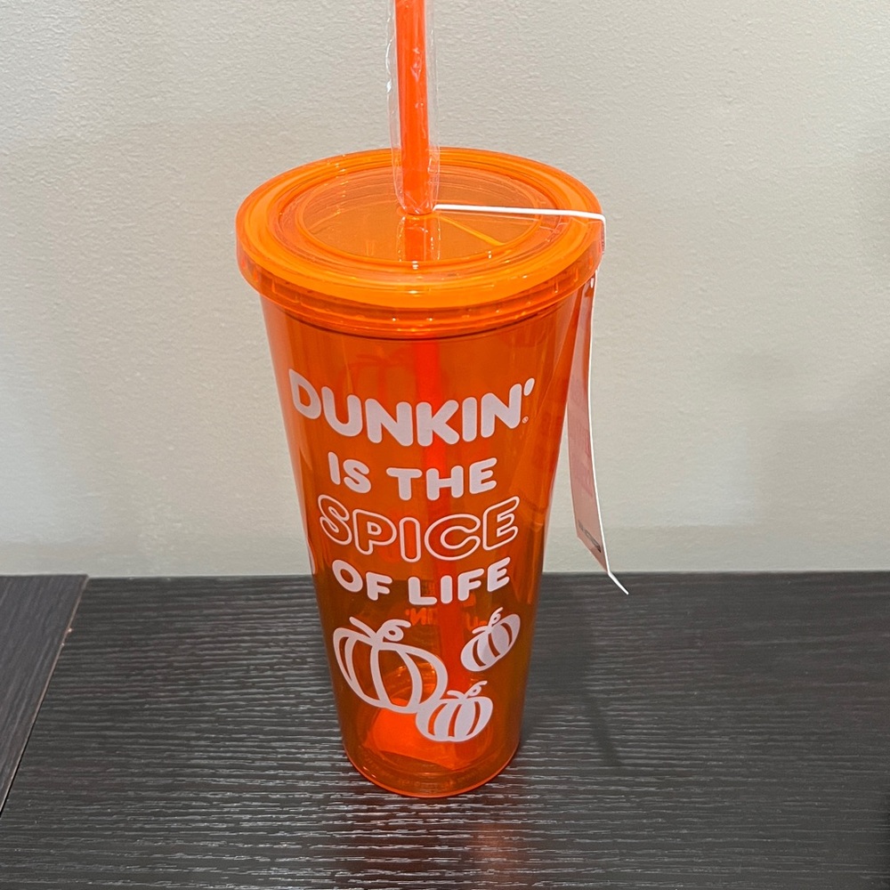 Dunkin Donuts Halloween Orange Tumbler with Straw